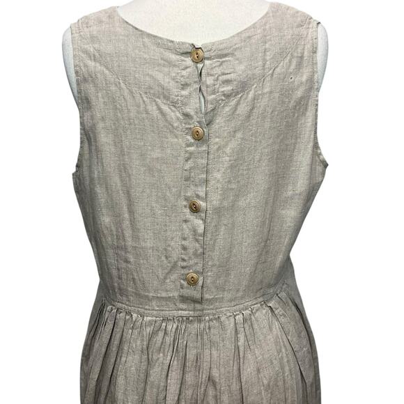 Flax Linen Dress Women S Beige Sleeveless Pockets Back Button Cottage-Tiny Flaws - Picture 6 of 14